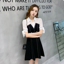 Waist a dress goddess fan 2021 spring and autumn Xiaoqing new fake two pieces temperament thin black skirt