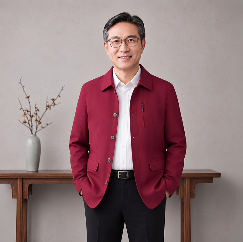 Dad's Spring and Autumn Jacket for Middle-Aged and Elderly Men, Red Casual Coat with a Turn-Down Collar for 2026 Birth Year, Grandpa's Casual Top