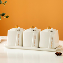 Nordic light and luxurious ceramic square seasoning tank suit combined with spoon lid integrated sugar salt MSG seasoning jar bottle