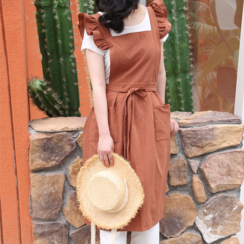 Day Style 1 4 Inch Sleeves Wrench Cuff Apron All Cotton Laces Cute Pure Color Milk Tea Shop Baking Kitchen Apron Women Summer Thin