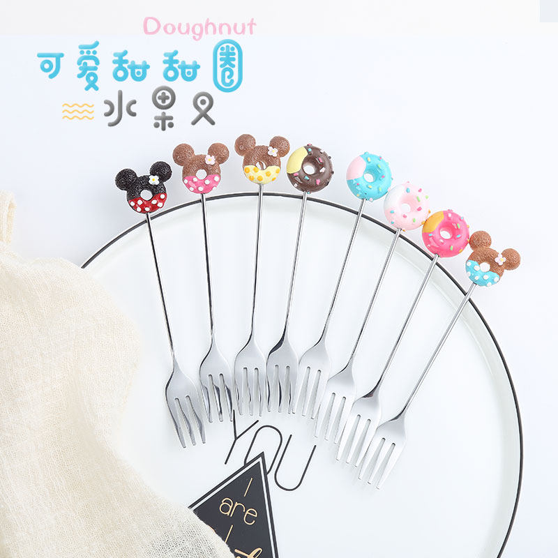 Sweet Donut Girl Fruit Fork 4 Suits 304 Stainless Steel Creative Cute Cartoon Spoon Children Ice Cream
