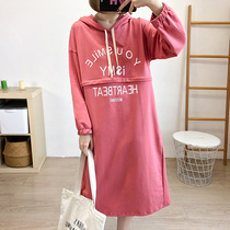 Pregnant women hooded sweater skirt nursing skirt pure cotton Korean fashion horizontal invisible nursing mouth autumn dress