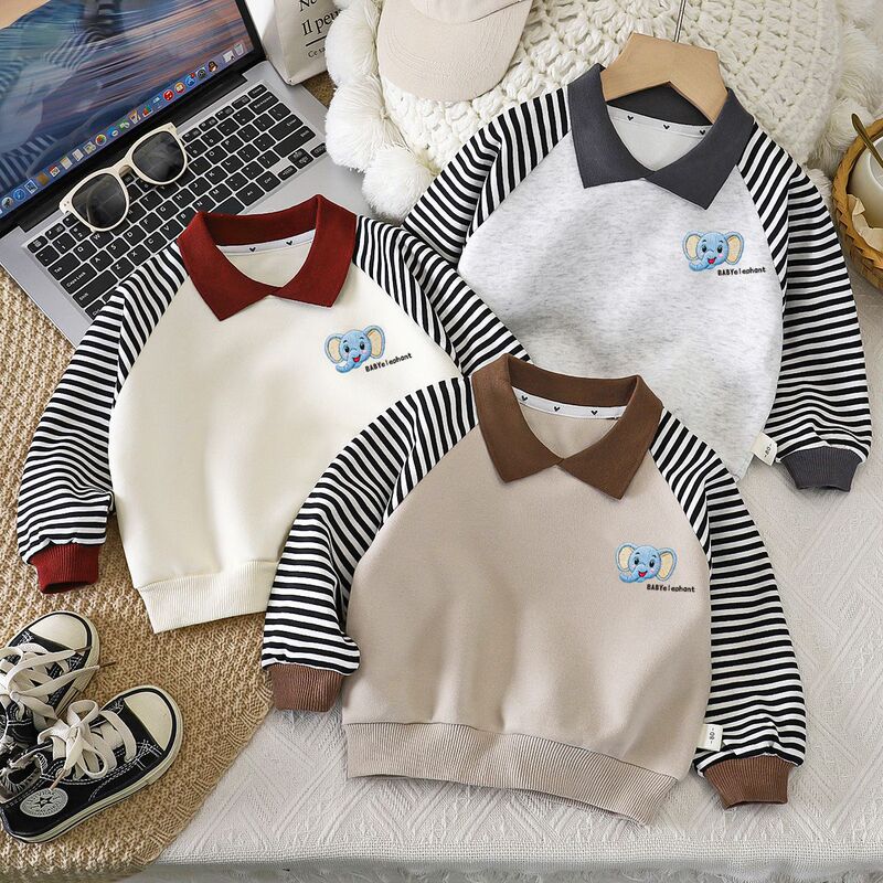 Yinyu Children's Striped Polo Shirt with Embroidered Baby Elephant, Spring and Autumn Style, Unisex, Versatile Color-Blocking for Toddlers Yinyu Children's Striped Polo Shirt with Embroidered Baby Elephant, Spring and Autumn Style, Unisex, Versatile Color-Blocking for Toddlers