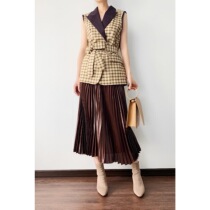 (Rugosa M) vintage plaid vest short suit collar sash sleeveless slim tie-up waist jacket