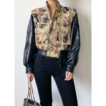 (Rugosa M) locomotive suit womens short cat pattern stitching PU sleeve jacket Autumn New