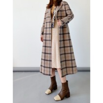 (Rugosa M) curry-colored plaid wool coat womens fashion retro style long knee-length hairy coat