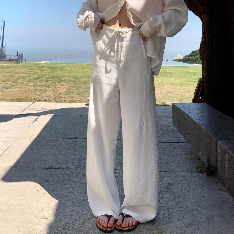 White Linen Narrow Wide-Leg Pants for Women, 2026 Summer New Thin High-Waisted Slimming Loose Breathable Floor-Length Trousers