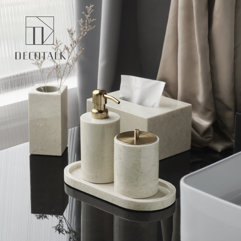 Decotalk Antique-Style Marble Bathroom Toiletry Set Cream-Style Washbasin Tissue Box Tray Storage Jar