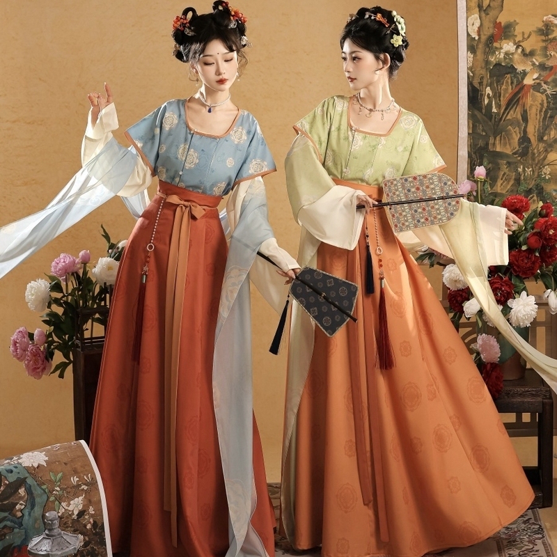 Ruyasong [Menghua Tang] Original Tang-Style Round-Neck Shirt Hanfu for Women, Spring and Summer Tang-Style Eight-Panel Waist-Length Skirt Set