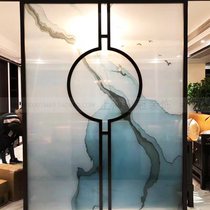 Ink landscape laminated tempered glass custom laminated silk abstract partition entry entrance screen sliding door hotel glass