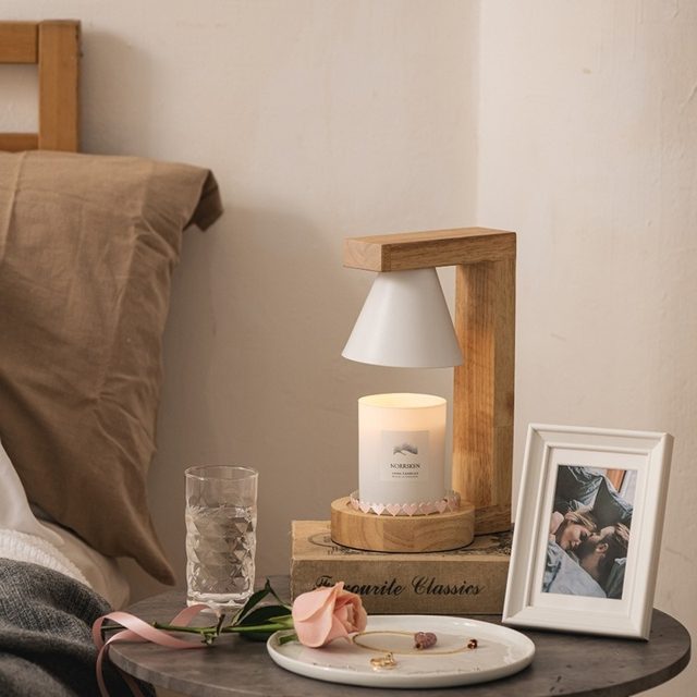 Japanese-Style Natural Wood Aromatherapy Wax Melting Lamp, Smokeless, Creative Bedroom Bedside Lamp, Romantic Candle, Dimmable, Trendy Retro