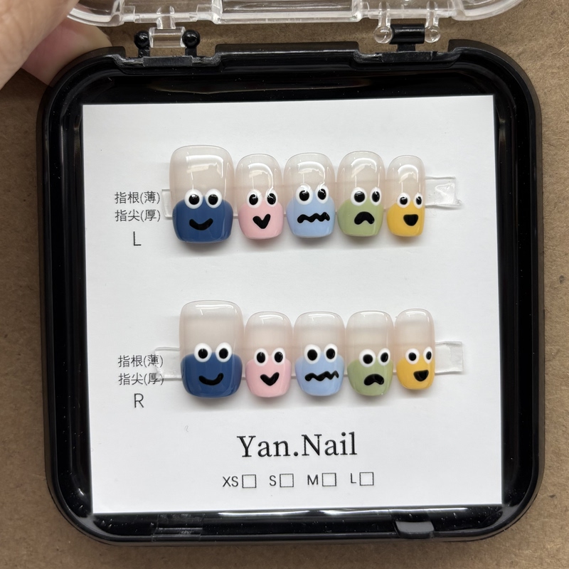 Transparent Handmade Nails with Abstract Monster Expressions, Hand-Painted Nail Art, Summer Macaron Color Fake Nails for Students Transparent Handmade Nails with Abstract Monster Expressions, Hand-Painted Nail Art, Summer Macaron Color Fake Nails for Students