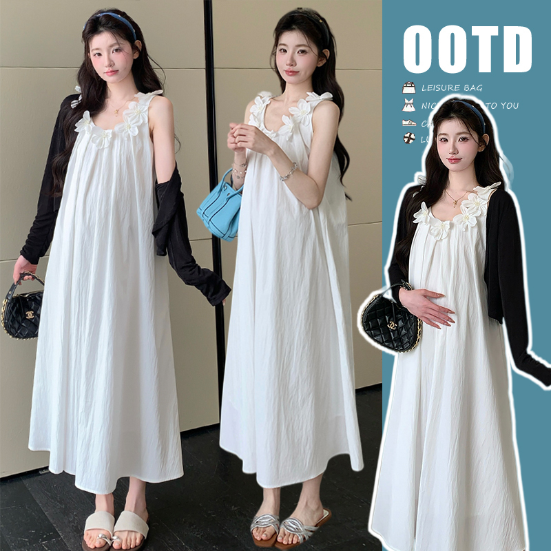High-End Maternity Wear, Summer Dress, Stereo Flower Pattern, Beautiful Dress during Pregnancy, Sun Protection Cardigan, Two-Piece Summer Dress