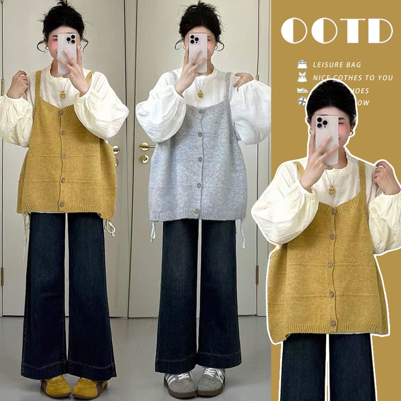 Maternity Wear Autumn Set, Fashionable and Stylish, Versatile Long-Sleeved Top, Layered Knitted Vest, Wide-Leg Pants Three-Piece Set