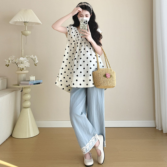 孕妇套装夏季2025新款孕期法式穿搭遮孕肚上衣阔腿裤两件套装薄款