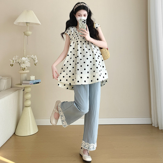 孕妇套装夏季2025新款孕期法式穿搭遮孕肚上衣阔腿裤两件套装薄款