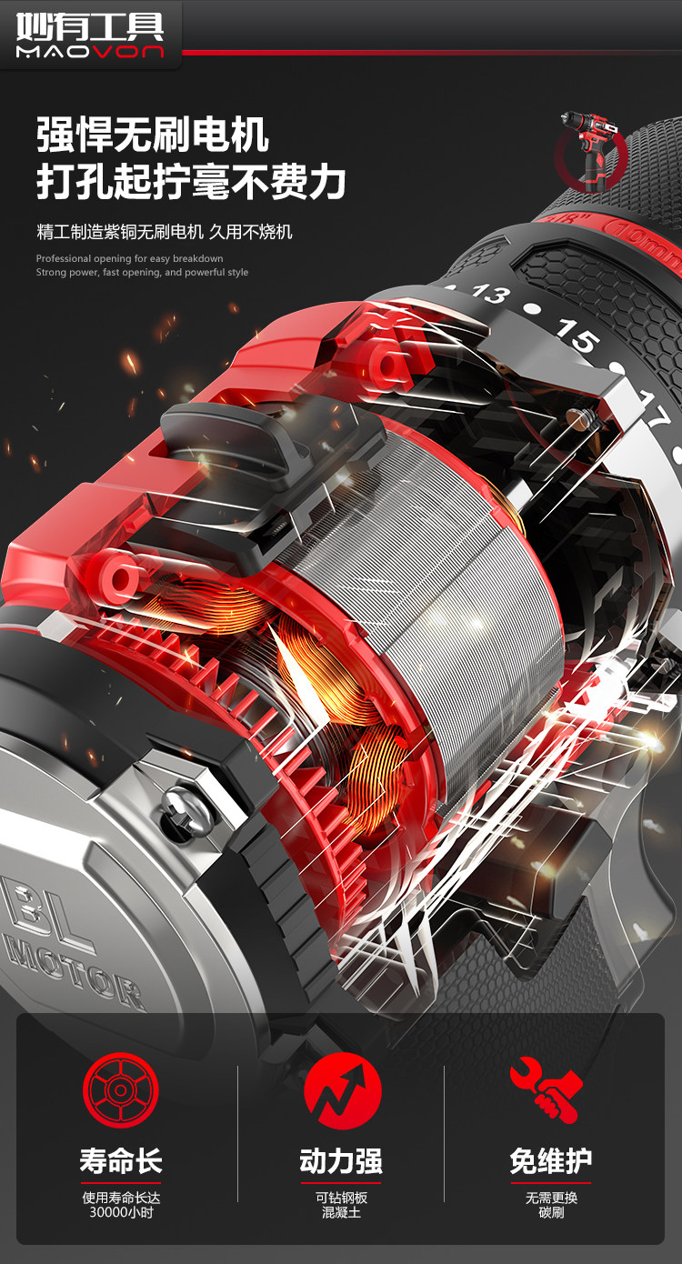 Электродрель 妙有可敲击电钻无刷马达充电式小钢砲家用打墙多功能冲击钻工具 Miao
