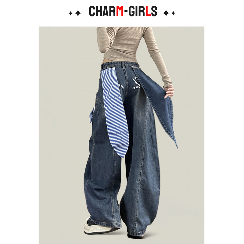 American Retro Rabbit Ear Jeans for Women, Washed Star Design Scimitar Pants, Wide-Leg Versatile Loose Jeans