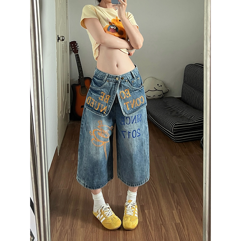 Double-Waist Patch Letter Print Wide-Leg Cropped Pants for Women 2026 New Design American Retro Versatile Denim Shorts