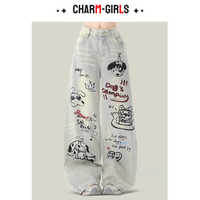 Retro High Street American Style Jeans for Women, New Summer Style, Puppy Cartoon Colorful Graffiti High-Waisted Floor-Length Wide-Leg Pants