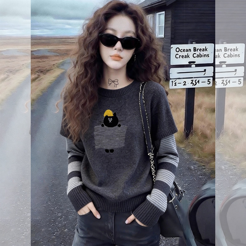 Cartoon Jacquard Striped Patchwork Faux Two-Piece Knitted Sweater for Women, Winter Inner Wear, Western-Style Inner Layer, Base Shirt Top for Spring