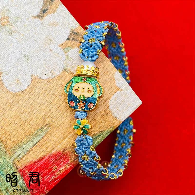 Zhaojun Gold Shop 999 Handmade Gold High Temperature Burning Blue Peach Blossom Butterfly Pearl Fold Hand Rope Customized