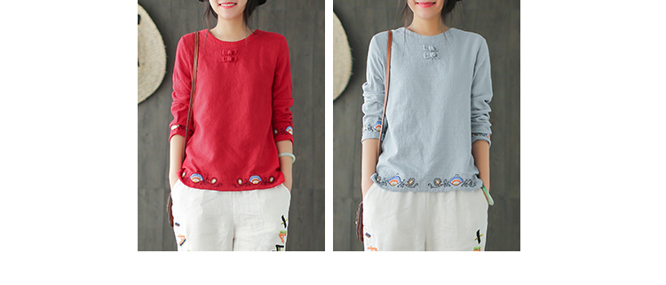 Tai nhỏ được sản xuất thêu retro của phụ nữ dài tay cổ tròn áo thun mùa thu văn học cotton lỏng và vải lanh Bà áo thun - Áo phông áo phom rộng nữ