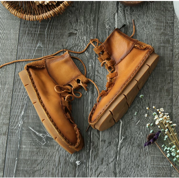 Tai nhỏ sản xuất ban đầu lớp da bò dây kéo dây đeo retro giày cao làm bằng tay mềm đế quốc gió bằng phẳng giày nữ giày biti's nữ giảm giá