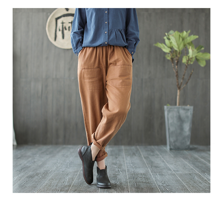 11 sản xuất 2018 mùa thu mới màu rắn văn học cotton giản dị quần nữ retro quần harem lỏng lẻo quần jean nữ ống rộng