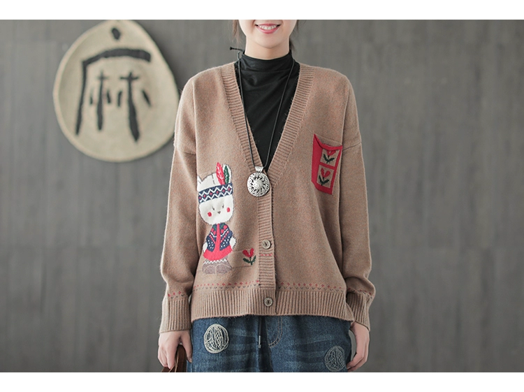 Sản phẩm tai nhỏ 2018 mùa thu mới lõi sợi hoa thỏ nhỏ màu hit nghệ thuật retro cardigan cardigan áo len nữ áo len gile