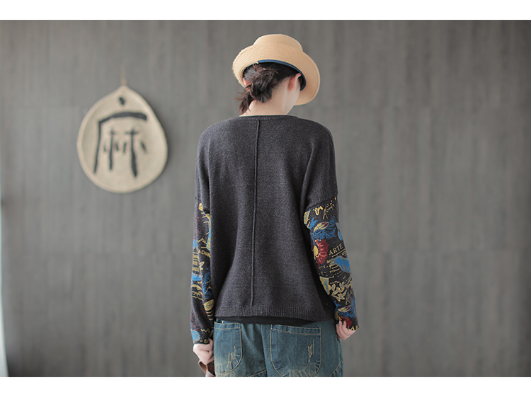 Tai nhỏ sản xuất 2018 xuân hè mới lười gió dài tay in áo len dệt kim retro văn học áo len nữ áo khoác len nữ ngắn