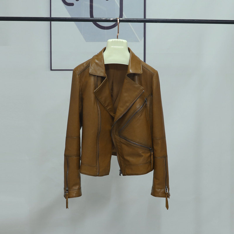 2022 New locomotive fur coat female Haining vegetable oil skin is old retro short brown jacket coat