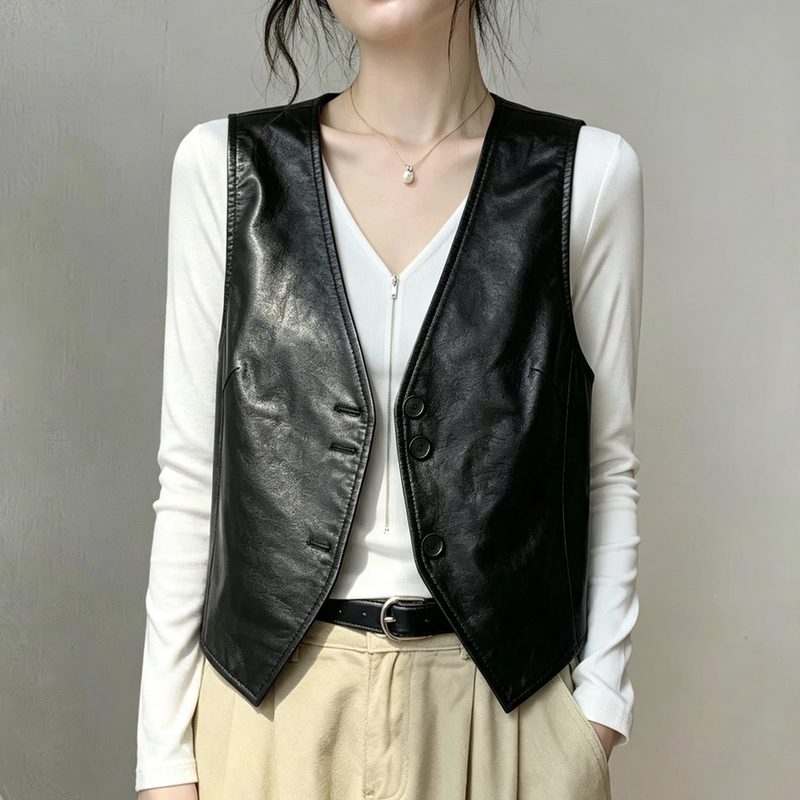 Women's Leather Vest 2026 New Style Genuine Leather V-Neck Black Short Single-Breasted Slimming Retro Versatile Waistcoat Women's Leather Vest 2026 New Style Genuine Leather V-Neck Black Short Single-Breasted Slimming Retro Versatile Waistcoat