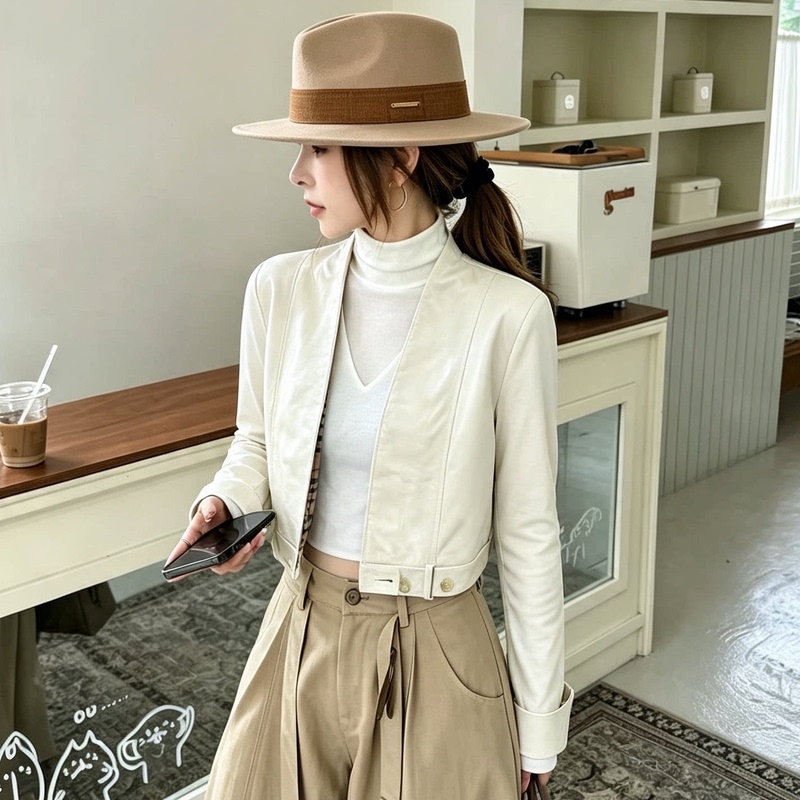 Sheepskin Leather Jacket for Women 2026 Autumn and Winter New Style Genuine Leather Collarless Short Long-Sleeved Simple Commuter Style Elegant and Stylish Jacket