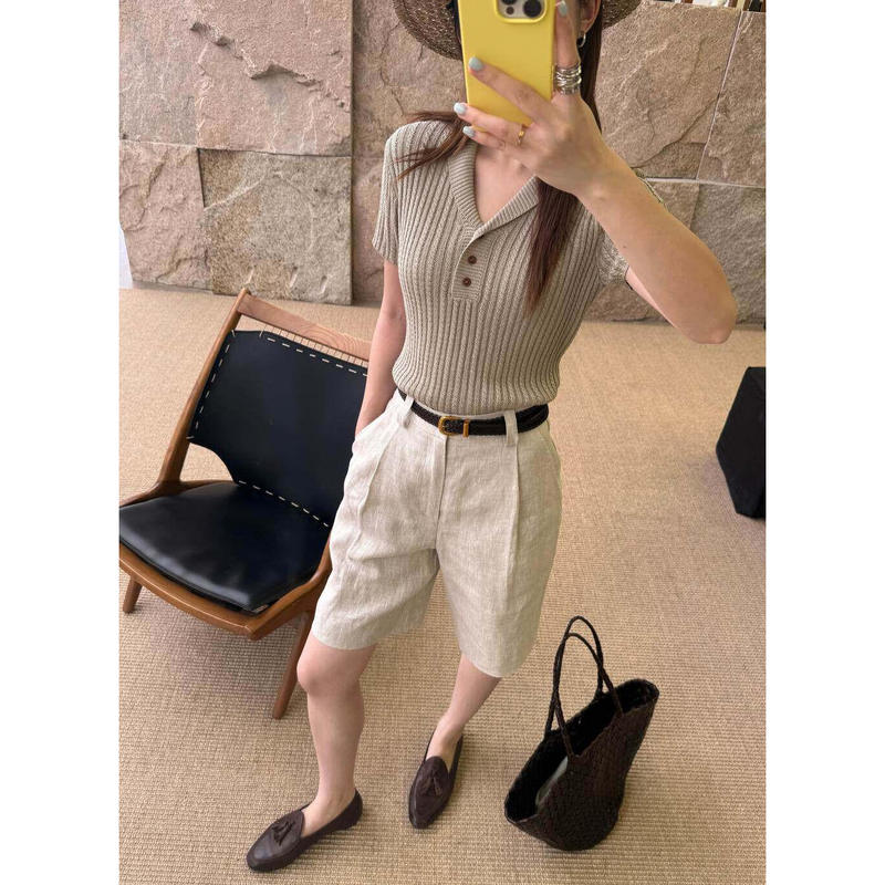 Oni~Spring New Old Money Linen Small Lapel Wool Knit Short-Sleeve Sweater 2142