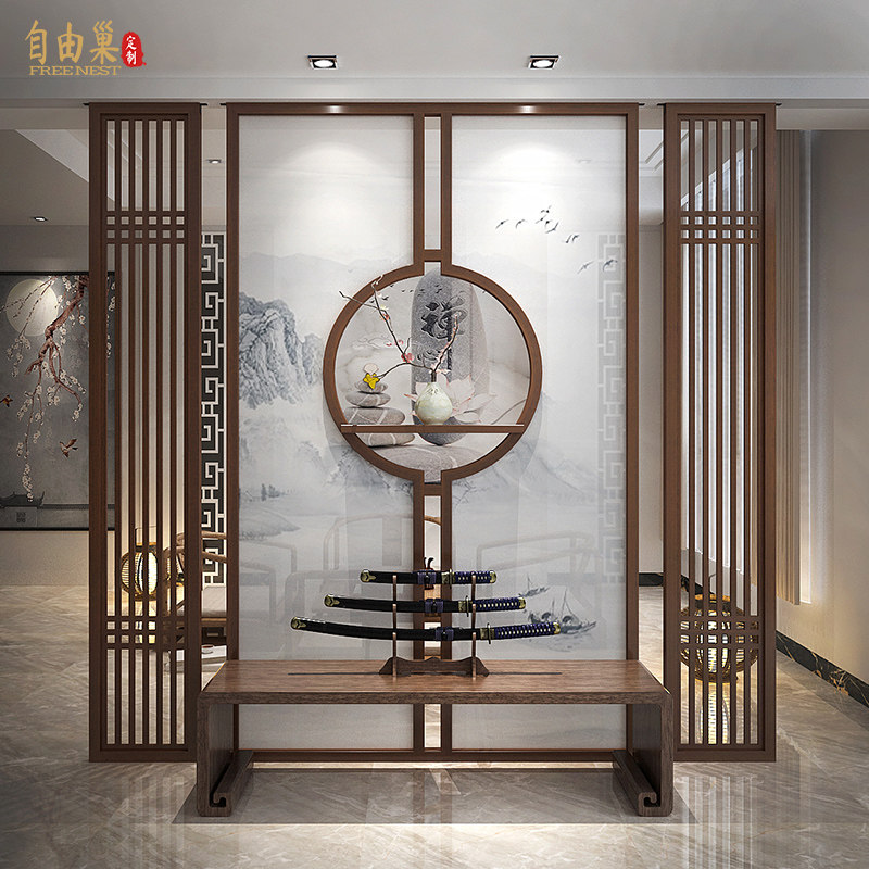 New Chinese style solid wood round landscape screen partition wall decoration villa hotel lobby to block porch flower stand screen