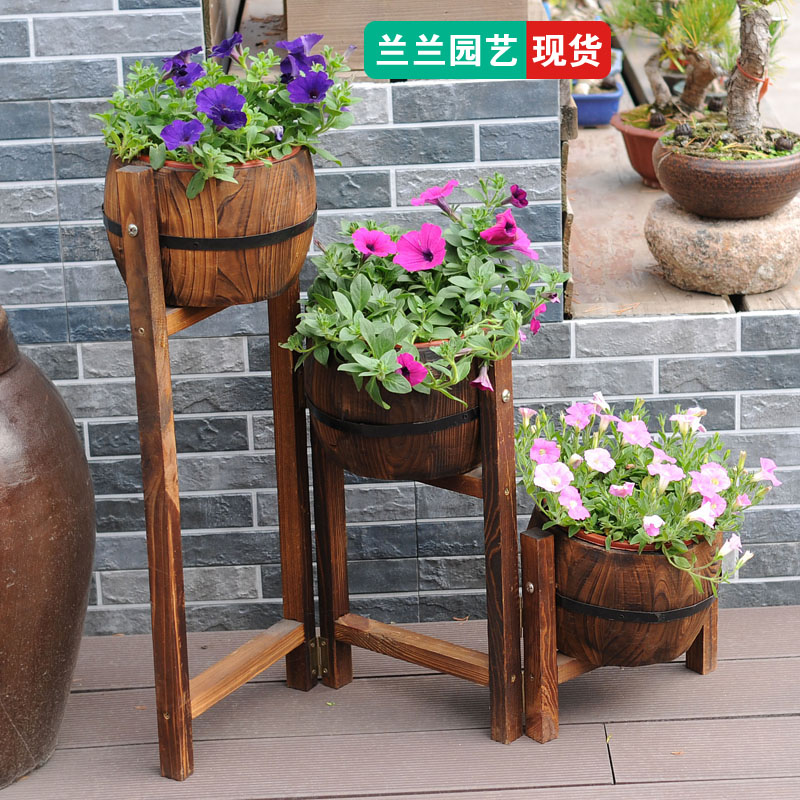 Embalming wood flower shelf Three layers of folding round wood barrel Balcony Flower Trough floor Multi-meat plant flower pot Featured Flower Box