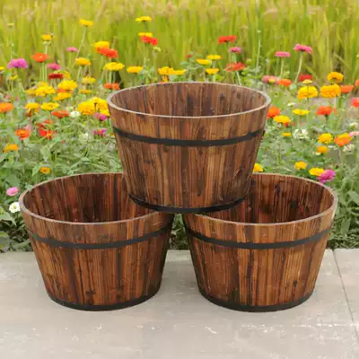 Anti-corrosion wooden flower pots, flowers, cauliflower barrels, round wooden barrels, green plant inserts, simulation flowers, fleshy barrels, balcony retro wooden flower boxes
