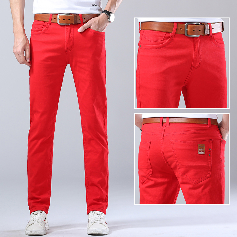 Summer New Style Red Jeans for Men, Stretchy Loose Straight-Leg Pants, Red Cotton Stretch Men's Trousers for the Year of Birth, Trendy Summer New Style Red Jeans for Men, Stretchy Loose Straight-Leg Pants, Red Cotton Stretch Men's Trousers for the Year of Birth, Trendy