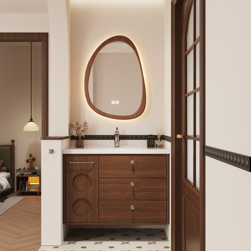 Medieval-Style Oak Lacquered Metal Pull-Out Basket Bathroom Cabinet Set with Integrated Ceramic Basin Washbasin Sink Medieval-Style Oak Lacquered Metal Pull-Out Basket Bathroom Cabinet Set with Integrated Ceramic Basin Washbasin Sink