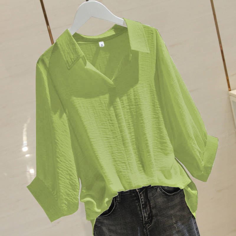 Cotton and Linen V Neck Mid-Sleeve Shirt for Women, Summer Thin Korean Style Loose Large Size Pullover Shirt, Fashionable Slimming Top