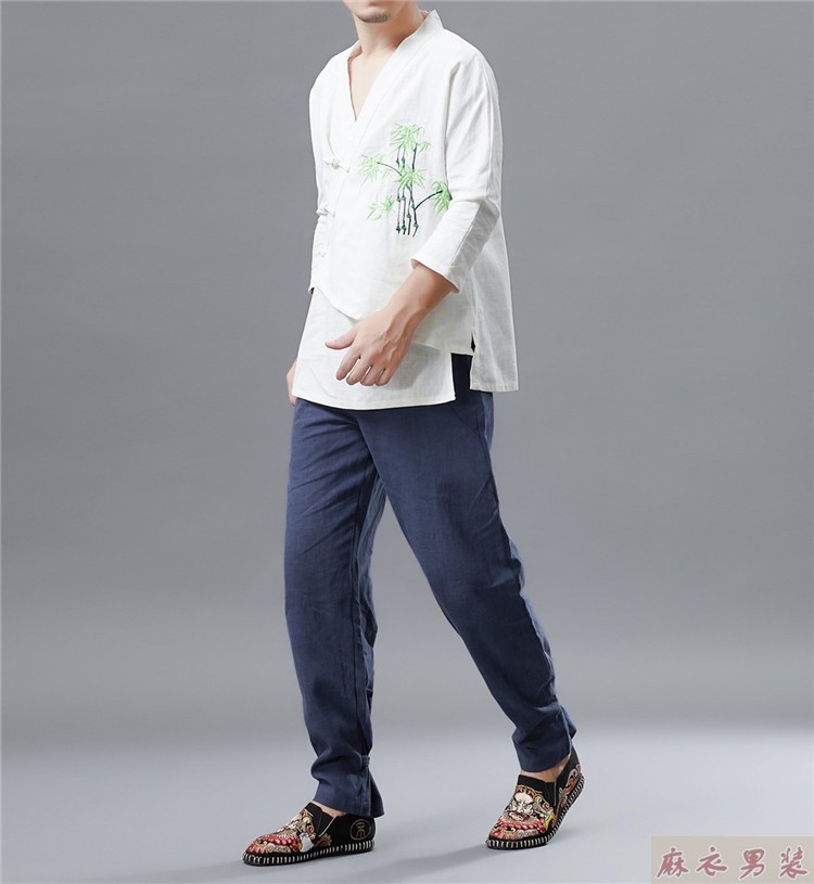 2018 mùa thu mới thêu tre ba khóa quần áo kiểu Trung Quốc Hanfu nam in họa tiết cổ chữ v trang phục dân tộc thái
