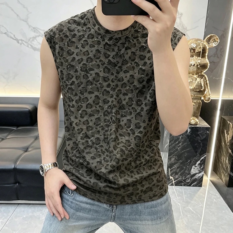 2026 Summer New Hot-Selling Leopard Print Sequin Ripped Sleeveless Vest Men's Luxury High-End Custom Vest Top