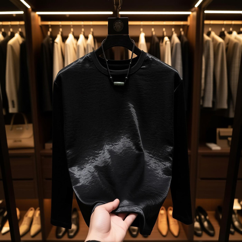 Versatile Casual Designer Unisex Black Autumn and Winter Acetate Embossed Long-Sleeve Crew Neck T-Shirt for Young People, Solid Color Shirt Versatile Casual Designer Unisex Black Autumn and Winter Acetate Embossed Long-Sleeve Crew Neck T-Shirt for Young People, Solid Color Shirt