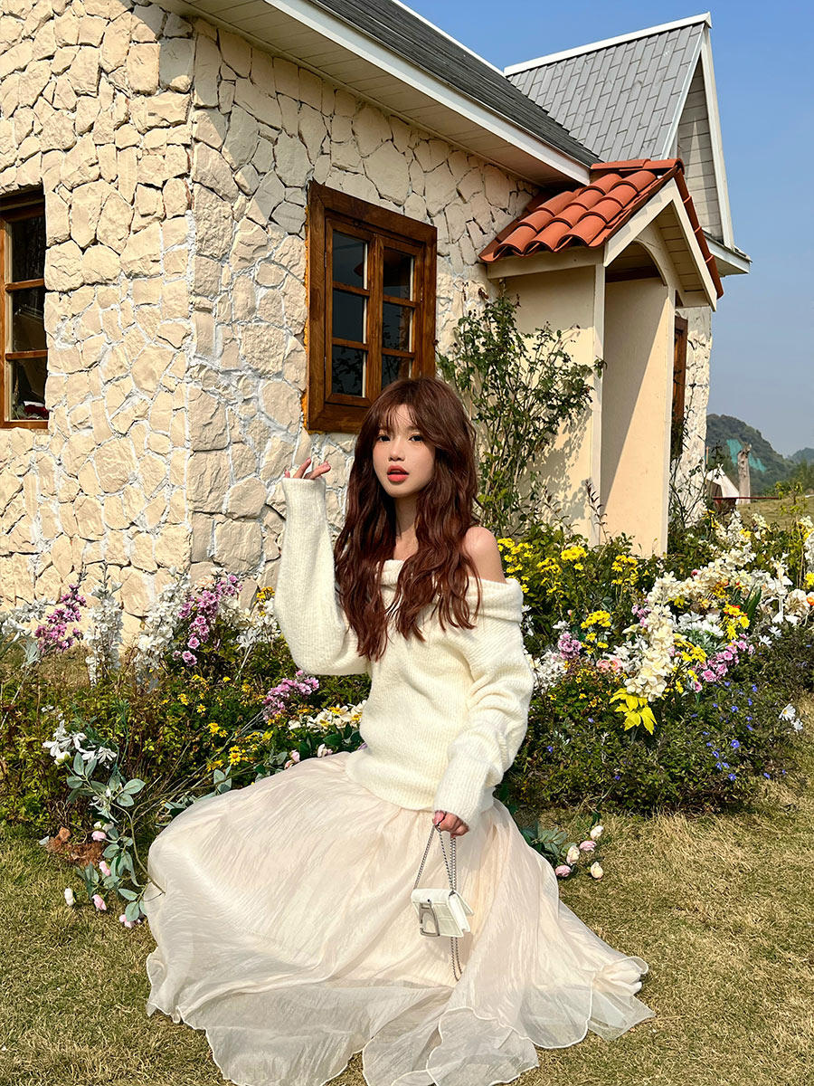 Today on gentle milky apricot color high waist a-line skirt women's mid-length irregular mesh skirt big swing umbrella skirt