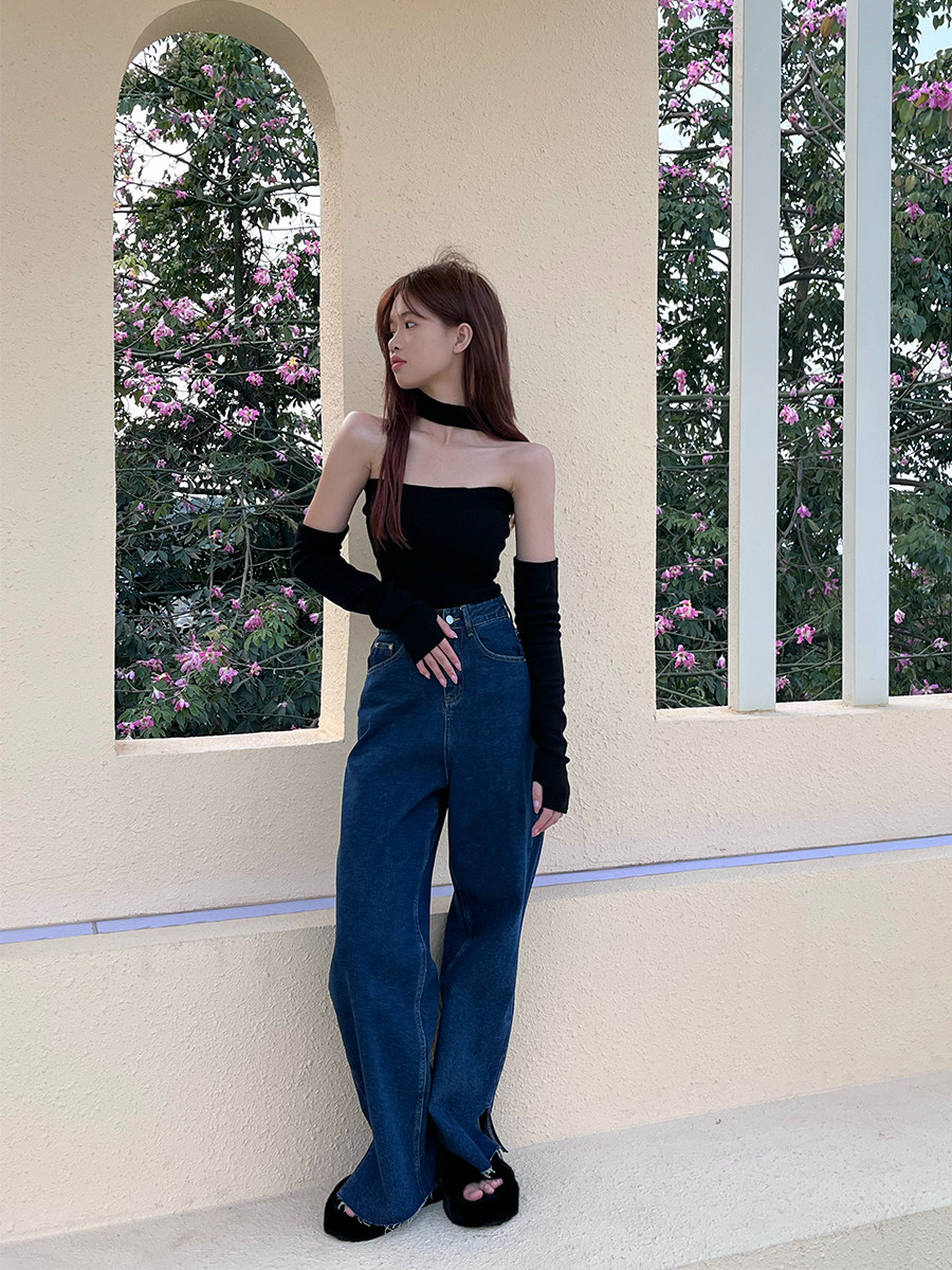 today on retro dark blue high-waisted jeans women's all-match straight wide-leg pants with side slits and raw edge trousers