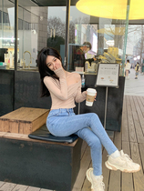 Today on high waist display slim two-grain fastening body jeans woman 100 lap fit straight cylinder small foot pencil pants