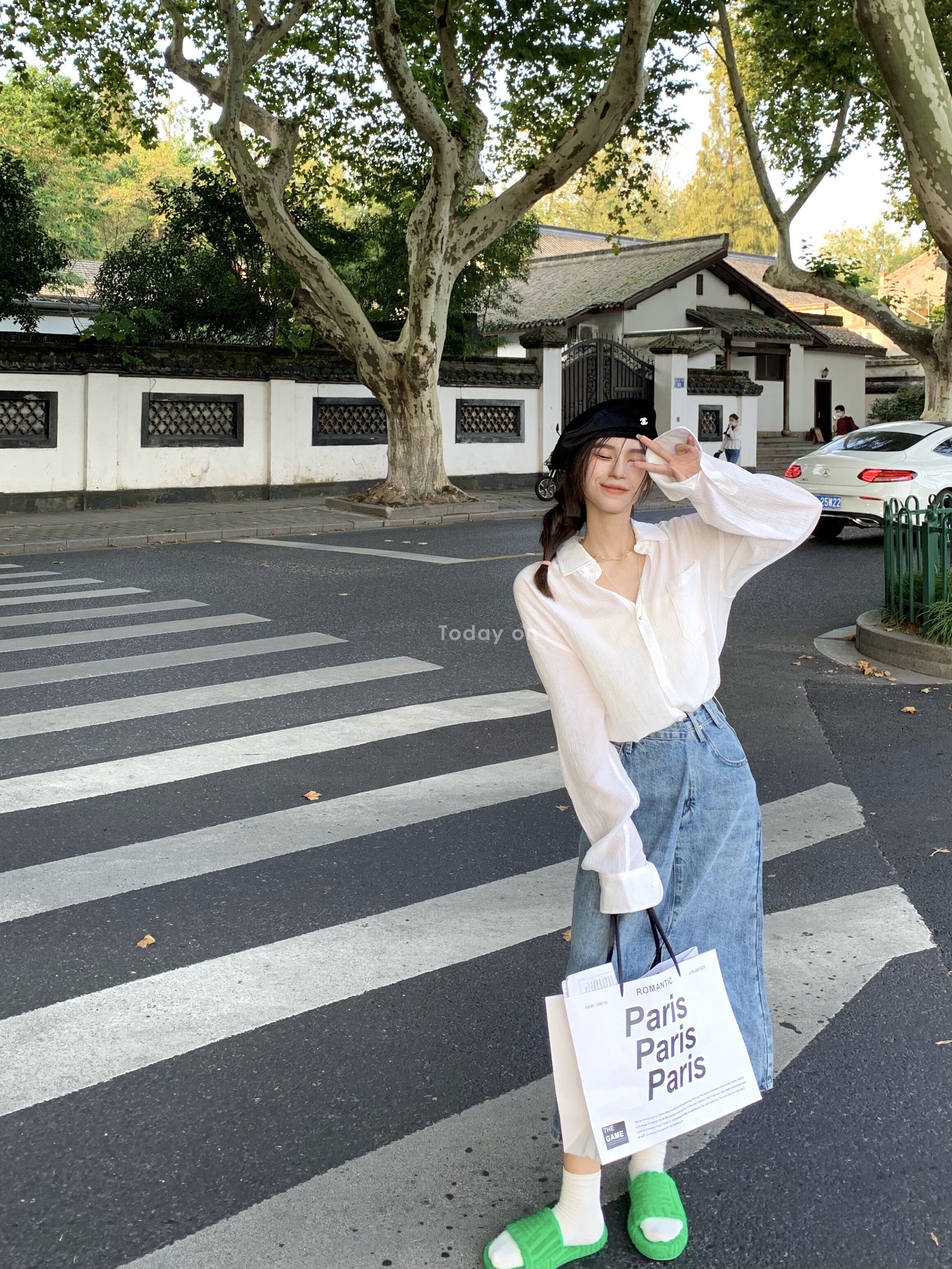 Today on American retro slim pleated high waist a-line denim skirt women's all-match slit mid-length skirt