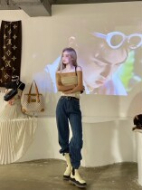 Today on] Retro dark blue vertical stripes slim high waist ins loose design denim trousers