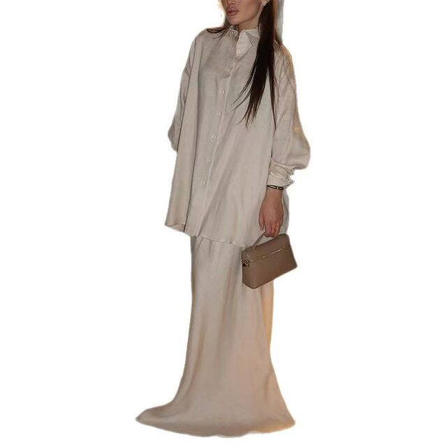 European and American style fashionable lapel loose long-sleeved shirt high-waisted skirt set Shirt and skirt set